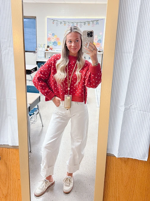 Red Knit and White Utility Pants