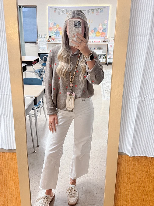 Heart-Print Polo Knit and White Jeans