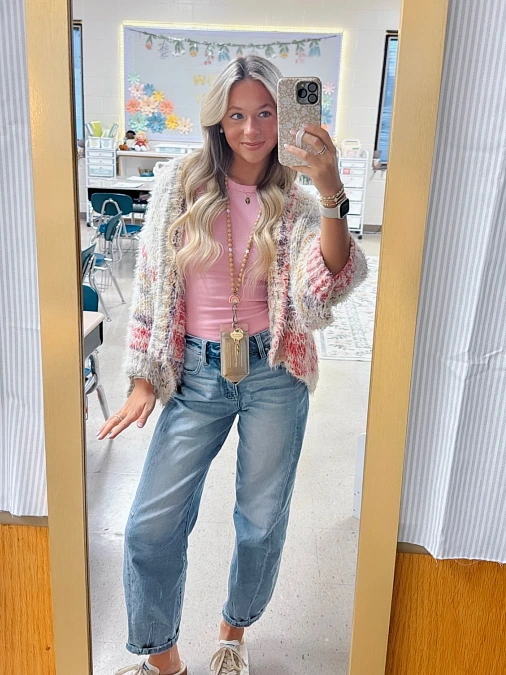 Pink Knit Layers and Relaxed Denim