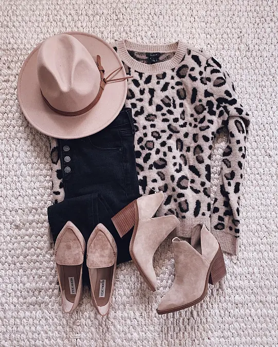 Leopard Sweater + Black Jeans + Neutral Shoes