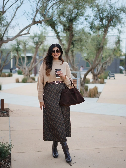 Camel Sweater and Plaid Midi Skirt