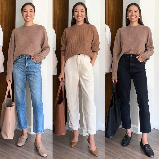 One Sweater, Three Workday Bottoms