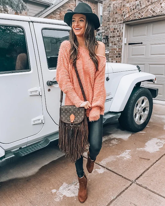 Peach Sweater and Sleek Black Leggings
