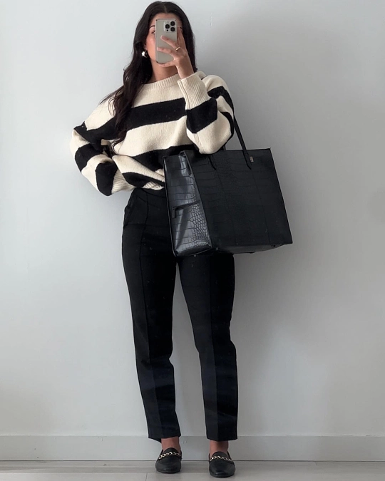 Striped Sweater and Tailored Black Pants