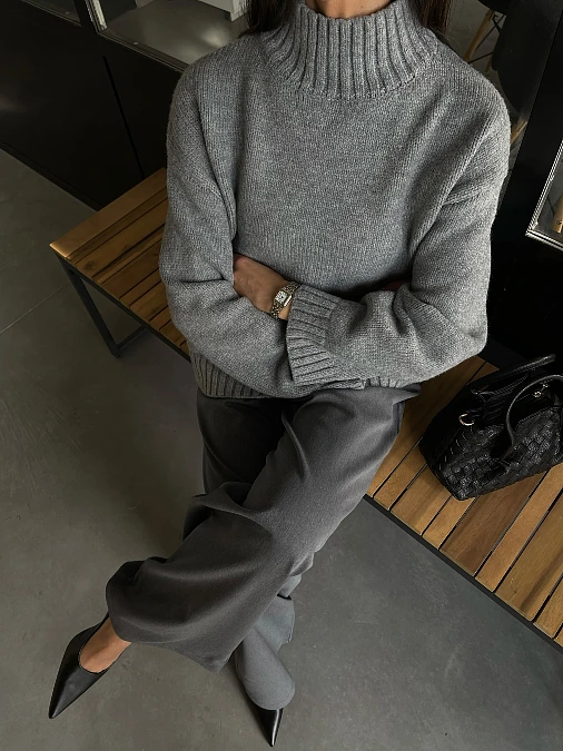 Gray Mock-Neck and Fluid Trousers