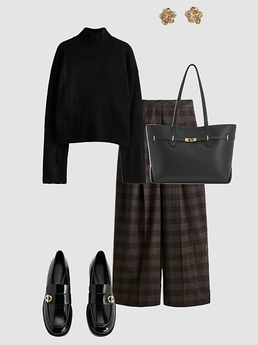 Black Mock-Neck and Plaid Trousers