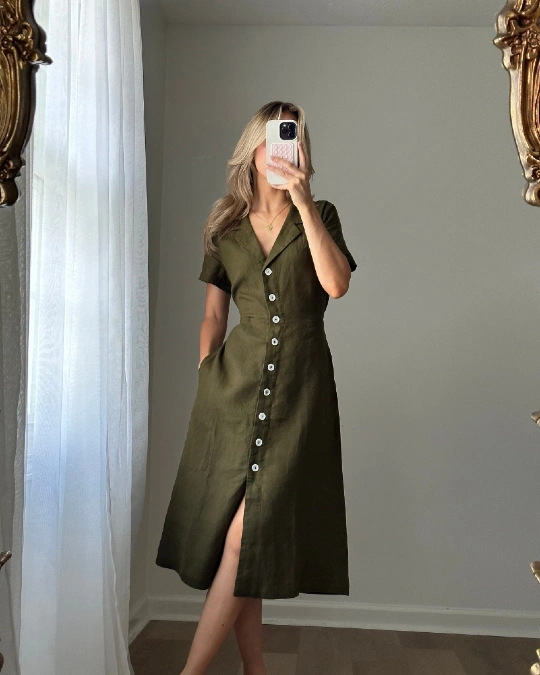 Olive Green Button-Front Midi Dress
