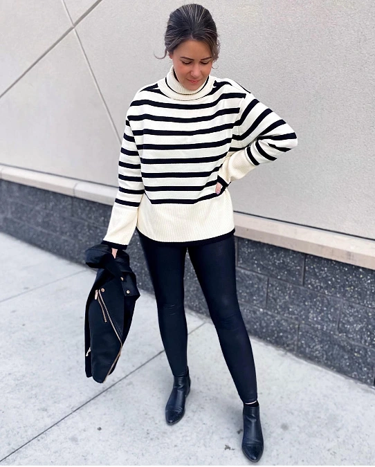Striped Turtleneck and Sleek Black Pants