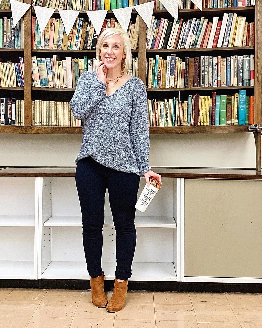 Blue V-Neck Sweater and Black Pants