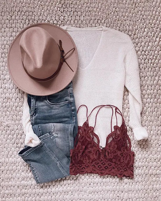 Cream V-Neck Knit and Blue Jeans