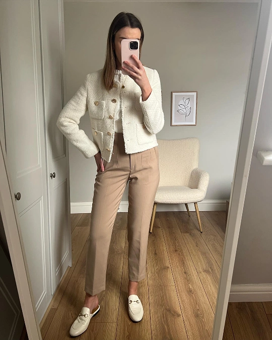 Ivory Tweed and Camel Trousers
