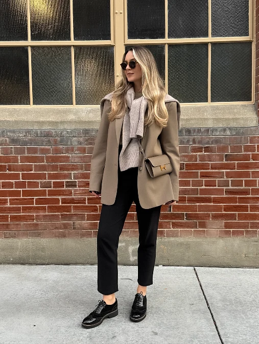 Taupe Blazer and Black Trousers