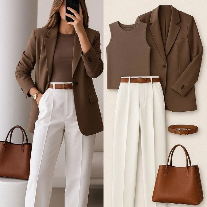 Chocolate Blazer and White Trousers
