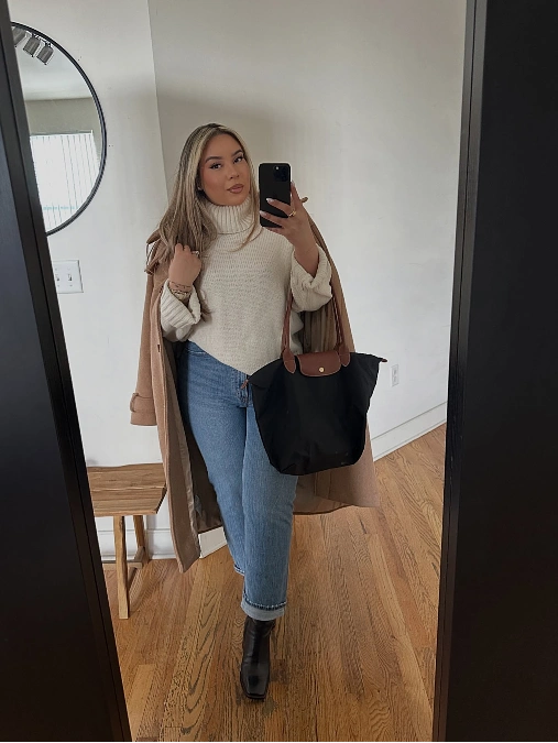 Camel Coat + Cream Turtleneck + Jeans