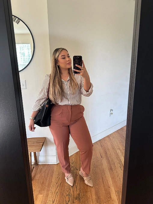 Striped Shirt and Rust Trousers