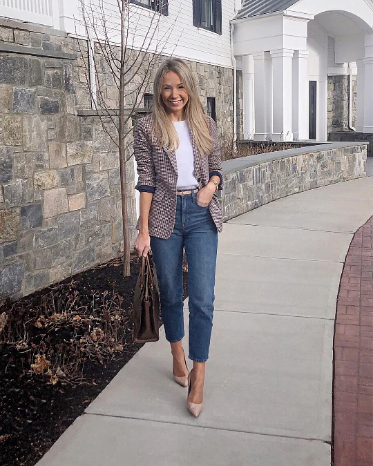 Checked Blazer + White Tee + Jeans
