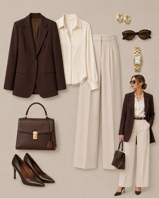 Chocolate Blazer and Cream Trousers
