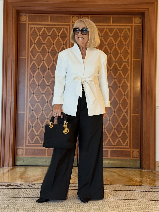 White Belted Jacket and Black Trousers