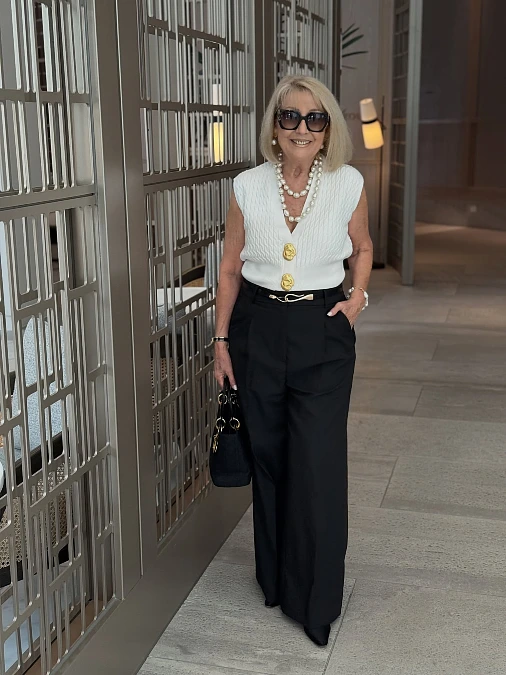 Textured White Knit and Black Trousers