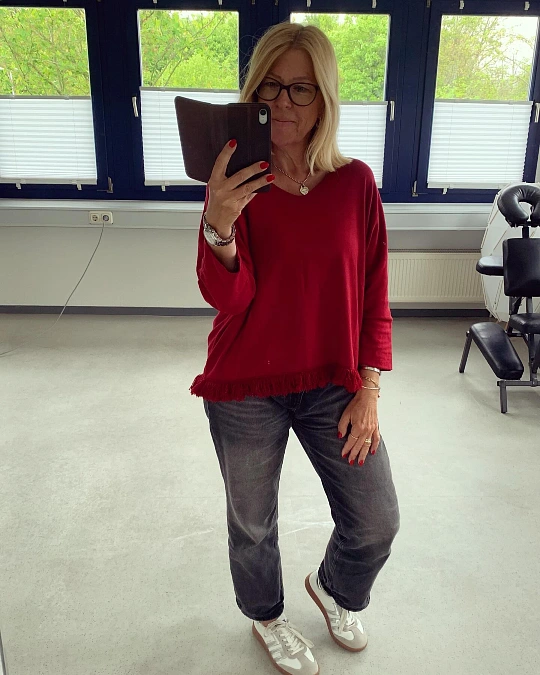 Crimson Knit and Charcoal Jeans