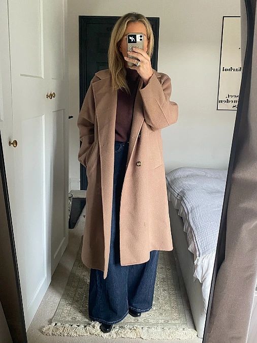 Camel Coat Over Wide-Leg Denim
