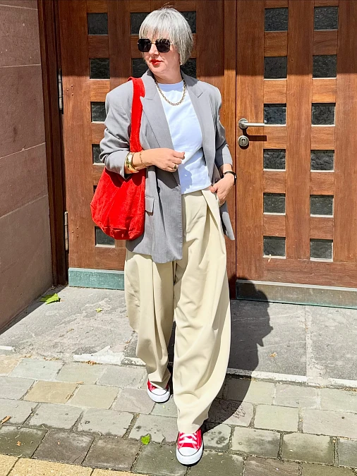 Gray Blazer + Cream Trousers + Red Accents