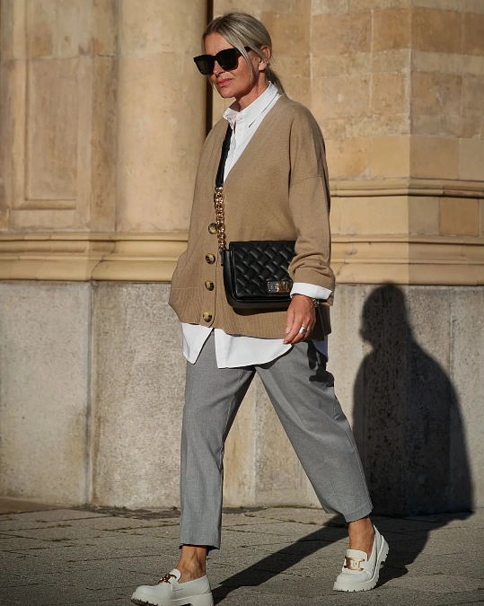 Camel Cardigan and Gray Trousers