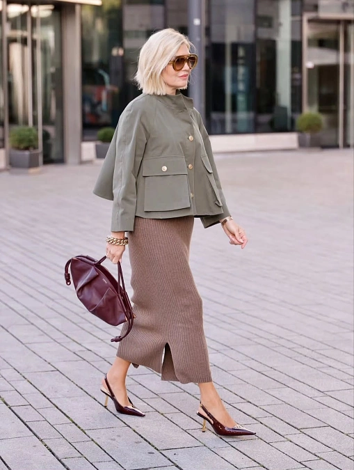 Olive Jacket and Ribbed Midi Skirt