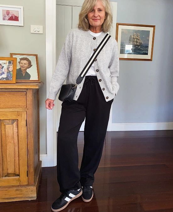 Gray Cardigan + Black Trousers + Sneakers