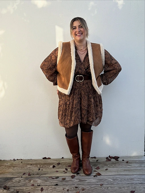 Paisley Dress and Shearling Vest
