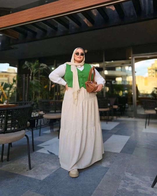Green Vest and Cream Maxi Skirt