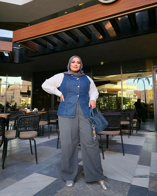 Denim Vest + White Blouse + Gray Trousers